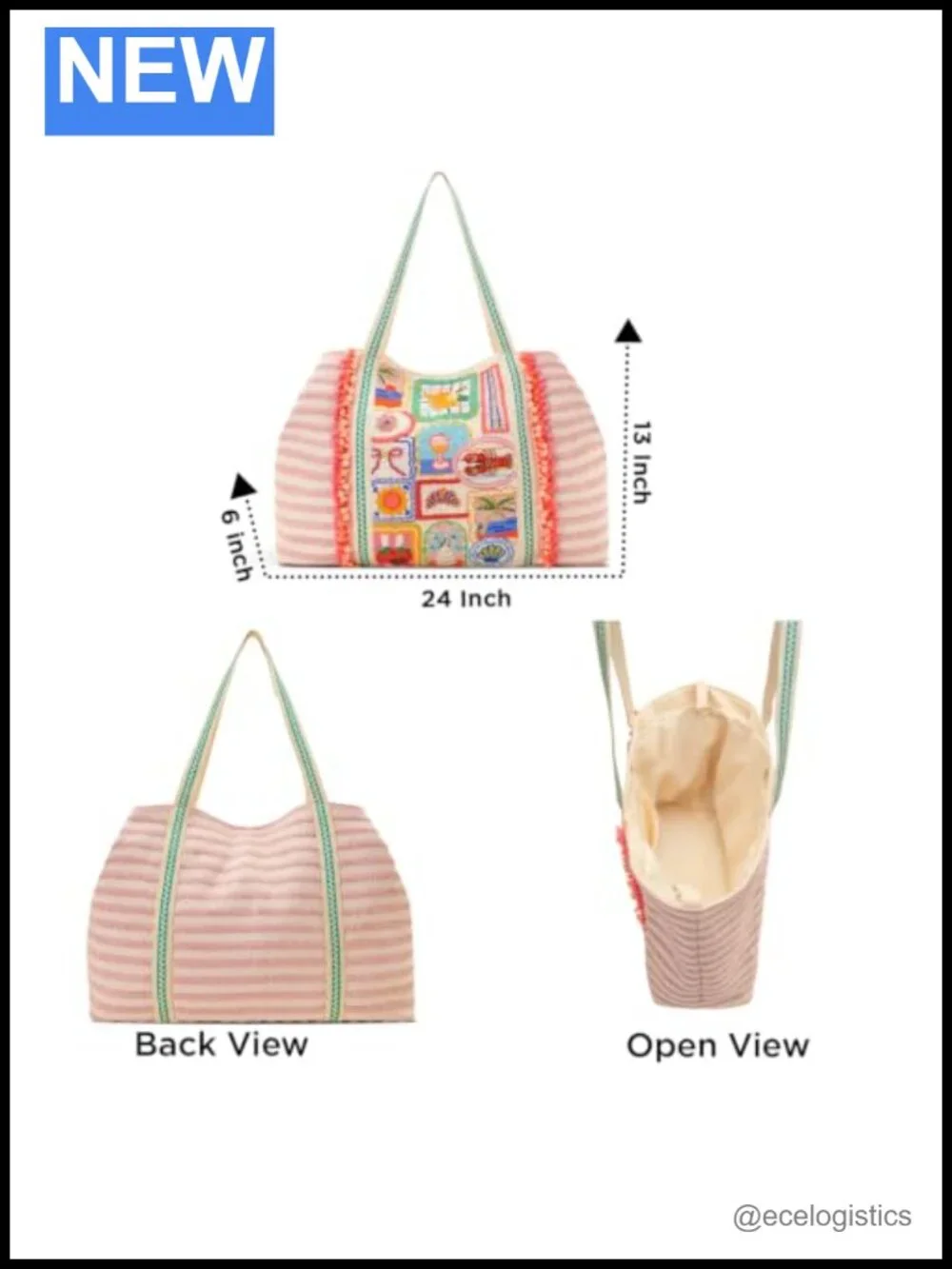 Oversized Beaded Tote Bag Summer Vacation Beach Purse Pom Pom Canvas Handles